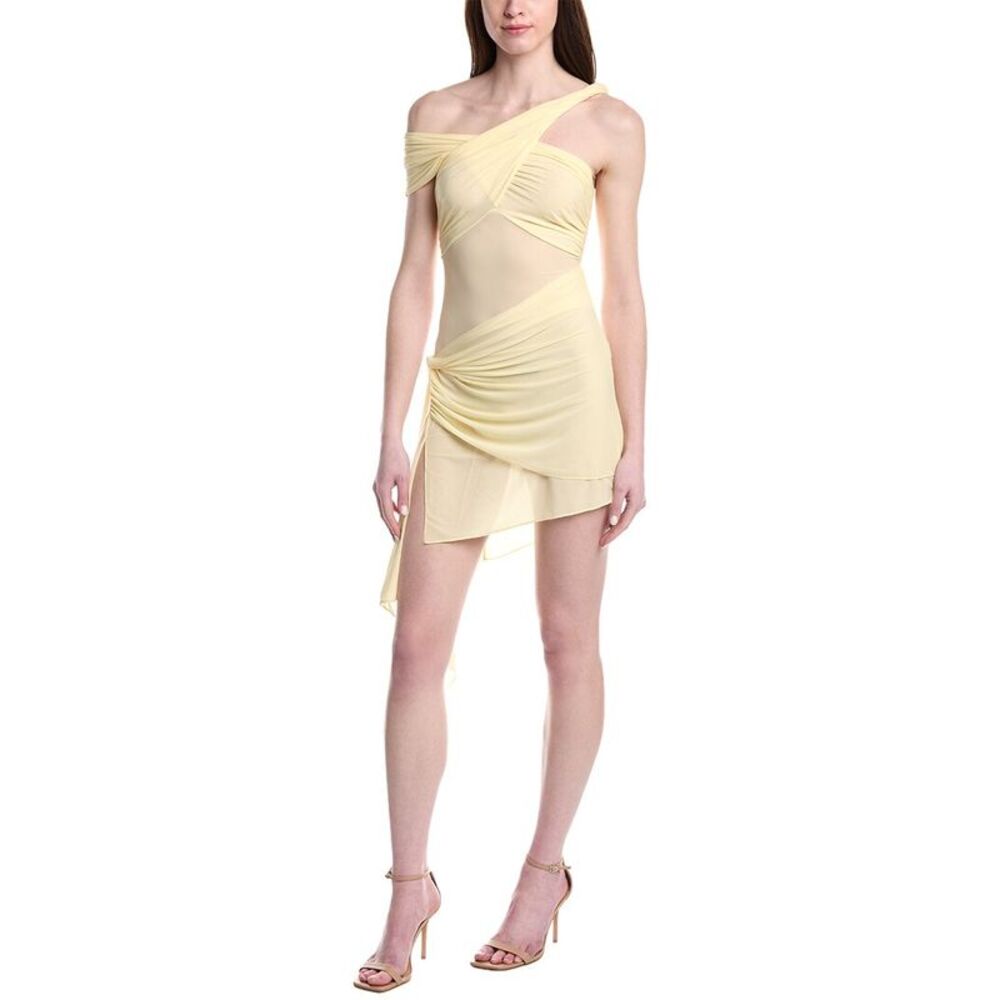 Ronny Kobo Collection One-Shoulder Pale Yellow Asymmetrical Midi Dress